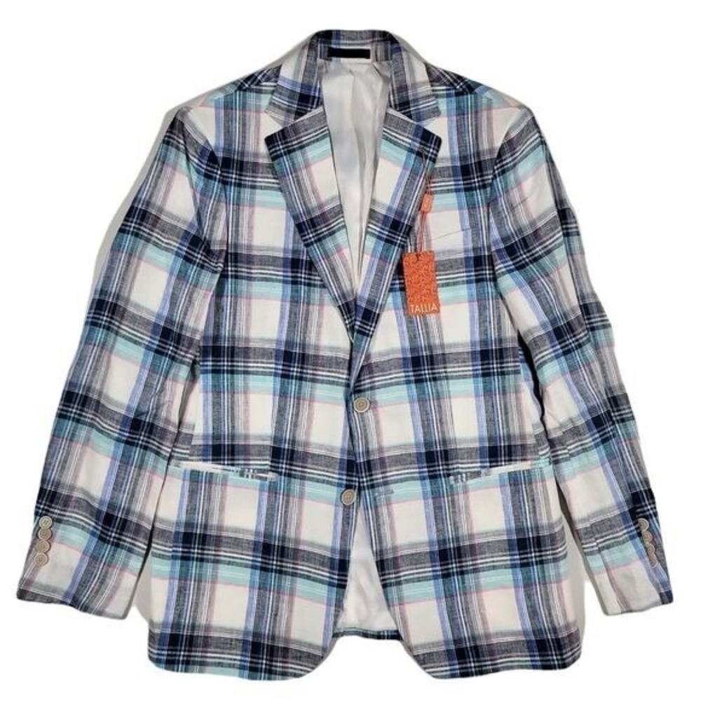 Tallia Slim-Fit Linen Blazer Mens 40R Blue Multi‎ Plaid Vago Sport Coat $295 NEW